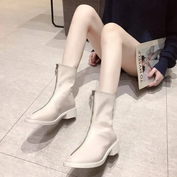 New Front Zipper Round Toe Chunky Heel All-match Mid-Cut Martin Boots - Picture 2 of 6